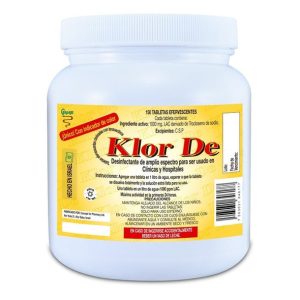 Klor De 1000 ppm TROCLOSENO DE SODIO NADCC CON UN TENSOACTIVO-DETERGENTE Y UN COLORANTE AZUL. TABLETA EFERVESCENTE PARA DISOLVER EN 1 LITRO DE AGUA Y OBTENER 1000 PPM DE CLORO LATENTE ACTIVO (LAC). ENVASE C0N 150 TABLETAS.