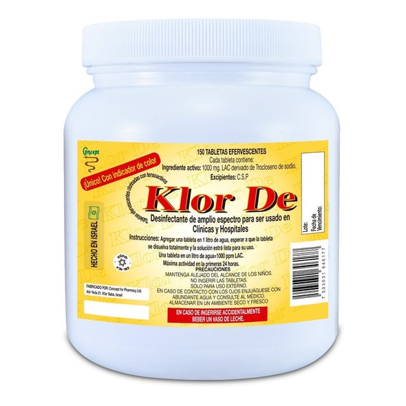 Klor De 1000 ppm TROCLOSENO DE SODIO NADCC CON UN TENSOACTIVO-DETERGENTE Y UN COLORANTE AZUL. TABLETA EFERVESCENTE PARA DISOLVER EN 1 LITRO DE AGUA Y OBTENER 1000 PPM DE CLORO LATENTE ACTIVO (LAC). ENVASE C0N 150 TABLETAS.