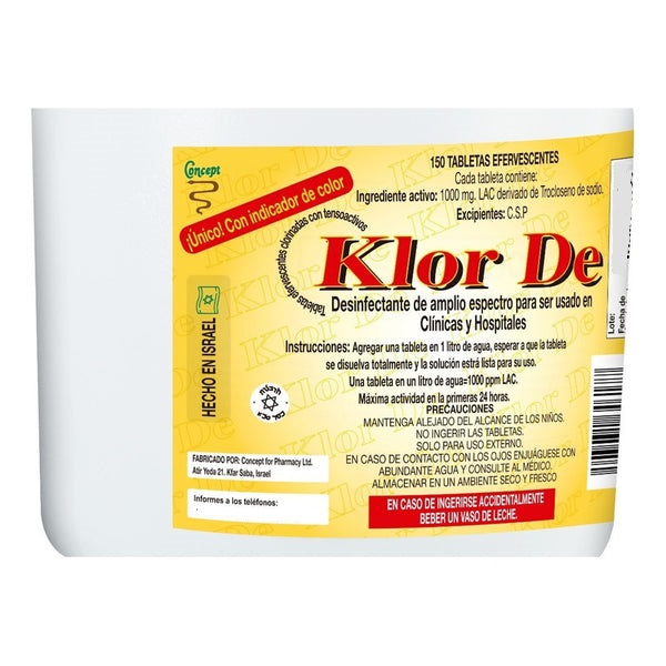 Klor De 1000 ppm TROCLOSENO DE SODIO NADCC CON UN TENSOACTIVO-DETERGENTE Y UN COLORANTE AZUL. TABLETA EFERVESCENTE PARA DISOLVER EN 1 LITRO DE AGUA Y OBTENER 1000 PPM DE CLORO LATENTE ACTIVO (LAC). ENVASE C0N 150 TABLETAS. - Image 3